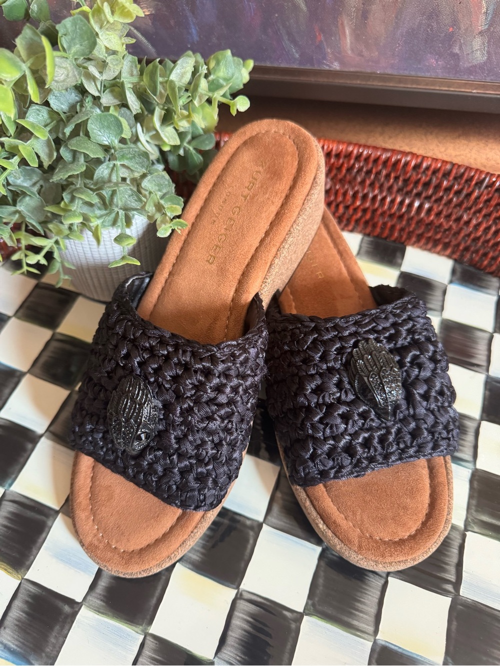 Kurt Geiger London Eagle Crochet Cork Slide with Decorative Emblem size 9 NWOT